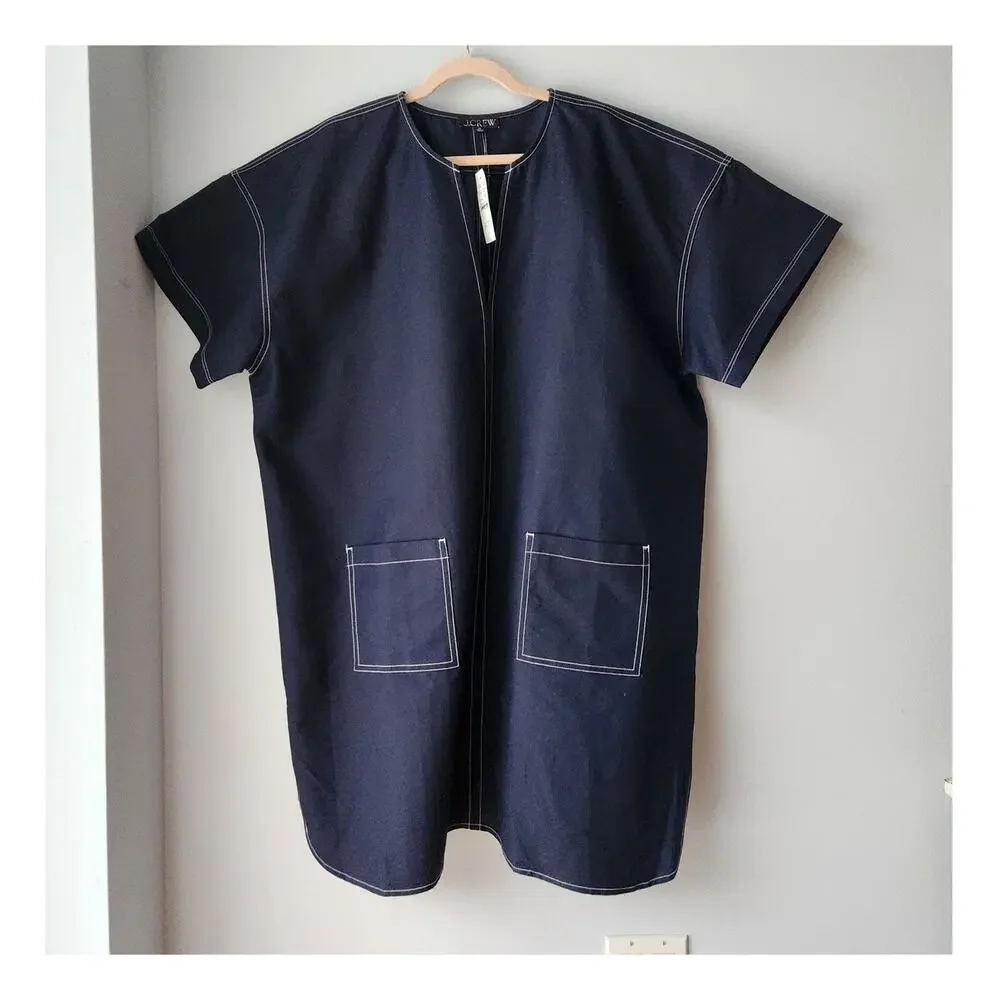 NWT J. Crew Patch-Pocket Pullover Dress In Structured Cotton Poplin Navy 2X